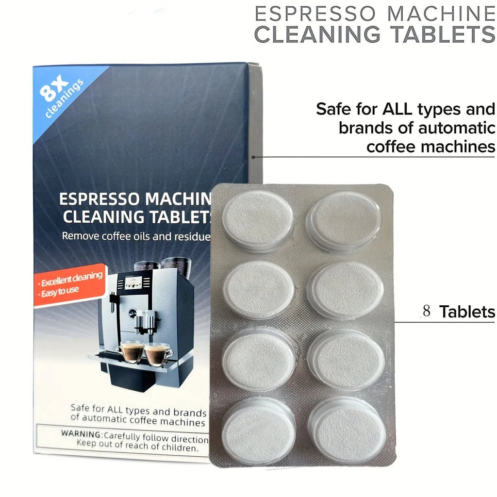 Espresso machine cleaning tablets blister pack with 8 gray tablets inside