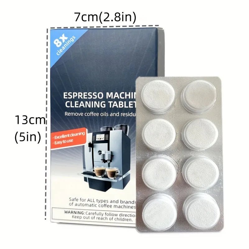 Espresso machine cleaning tablet blister pack, shown with size measurements