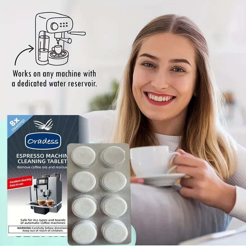 Espresso machine cleaning tablets shown with a person holding a cup