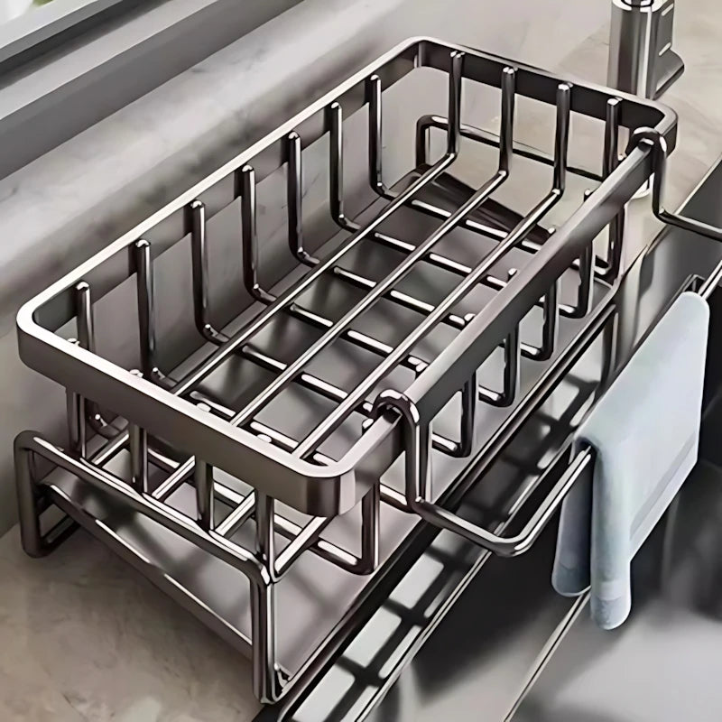Stainless steel over-sink sponge holder rack with draining grid and front slots