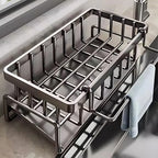 Stainless steel over-sink sponge holder rack with draining grid and front slots
