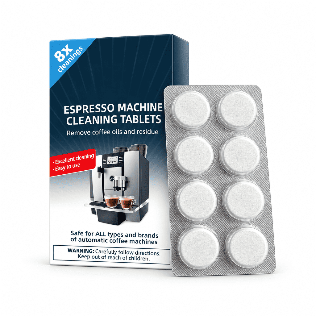 Espresso machine cleaning tablets box with foil blister tray of 8 white tablets