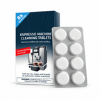 Espresso machine cleaning tablets box with foil blister tray of 8 white tablets
