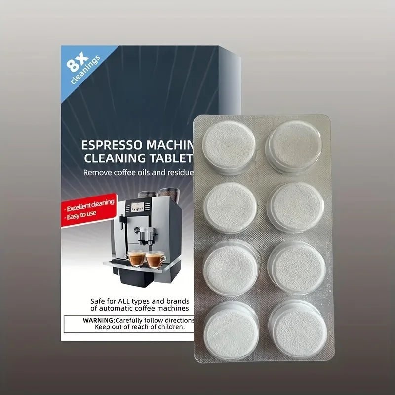 Espresso machine cleaning tablets with foil blister pack and 8 gray tablets