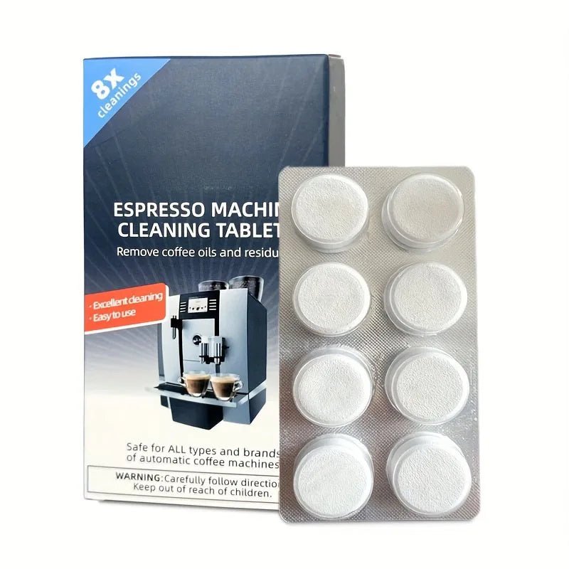 Espresso machine cleaning tablet blister pack next to product box with 8 tablets