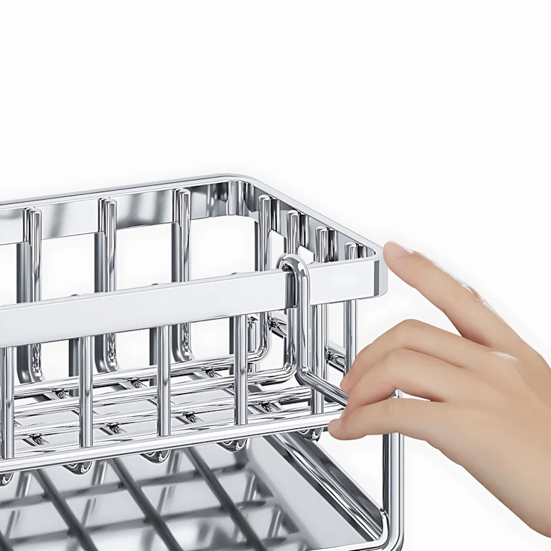 Stainless steel over-sink sponge organizer with raised handle and wire drip tray