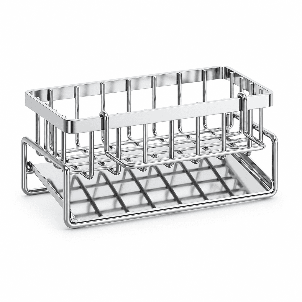 Stainless steel over-sink sponge organizer rack with front support and draining base