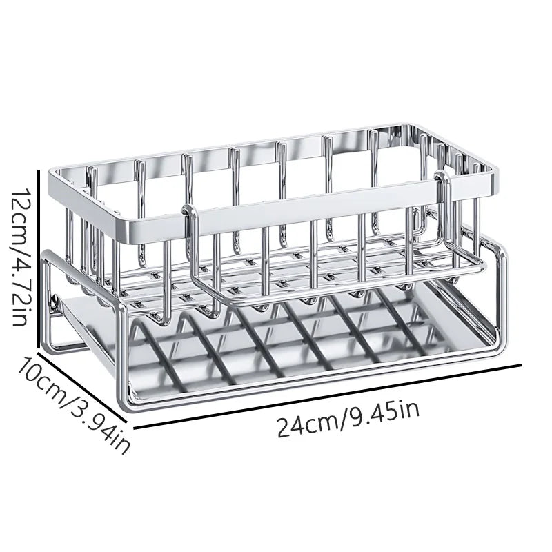 Stainless steel over-sink sponge holder with rectangular frame and drip grate