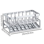 Stainless steel over-sink sponge holder with rectangular frame and drip grate