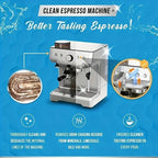 Espresso machine cleaning tablets promotional graphic with machine and sparkle icons