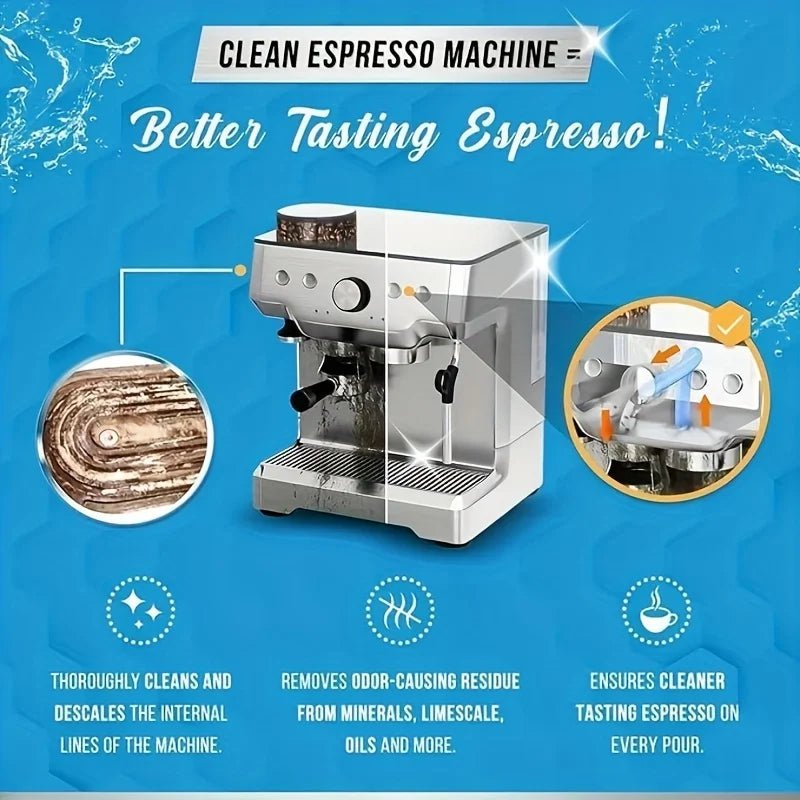 Espresso machine cleaning tablets promotional graphic with machine and sparkle icons