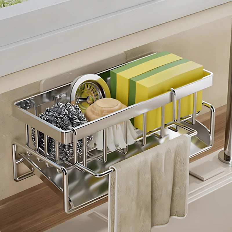 Stainless steel over-sink sponge organizer with side hooks and paper towel holder