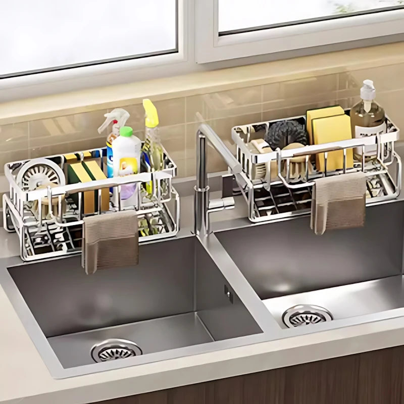 Stainless steel over-sink sponge organizer with multi-slot rack and towel bar
