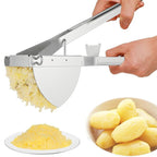 Stainless steel potato ricer with long lever press handle and hopper