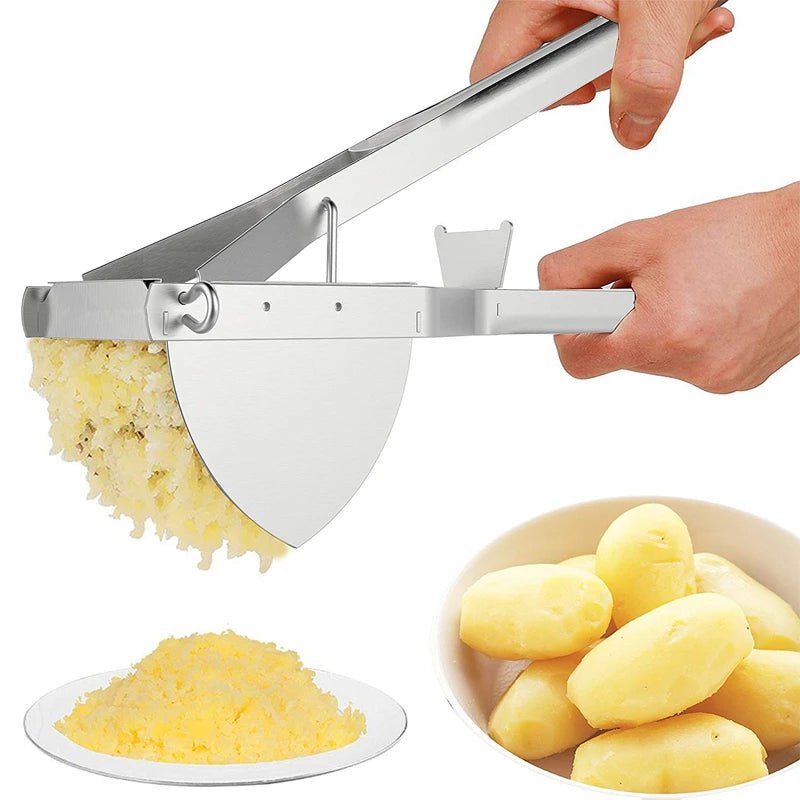 Stainless steel potato ricer with long lever press handle and hopper