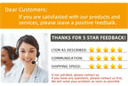 Customer service feedback message graphic with star ratings and contact details