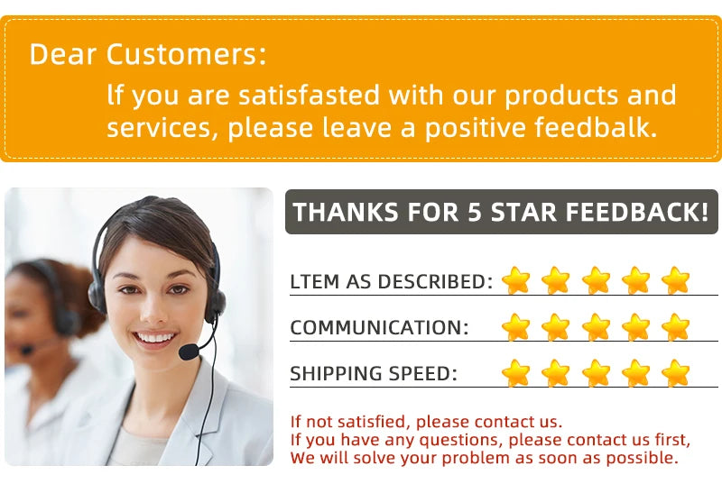 Customer service feedback message graphic with star ratings and contact details