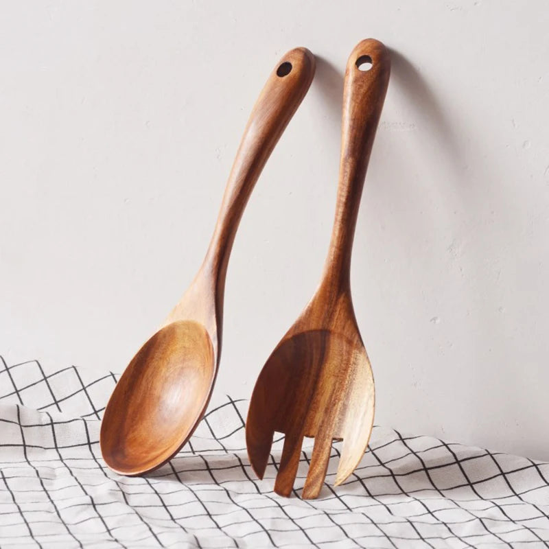 Acacia wood salad serving spoon and fork with round handle holes