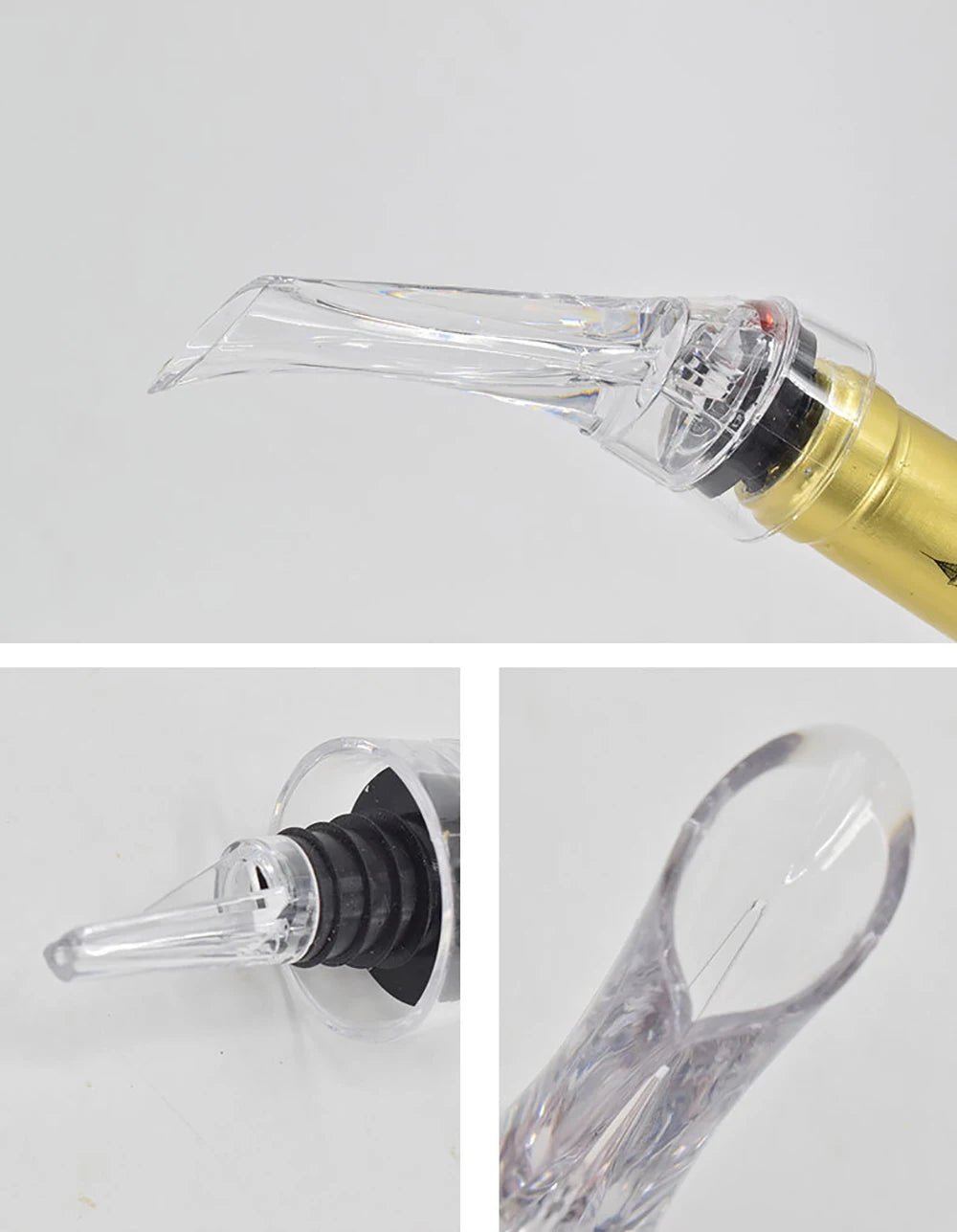 Clear wine aerator pourer spout with black ring on a yellow bottle neck