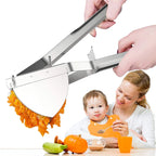 Stainless steel potato ricer with wide hopper, perforated basket, and lever handle
