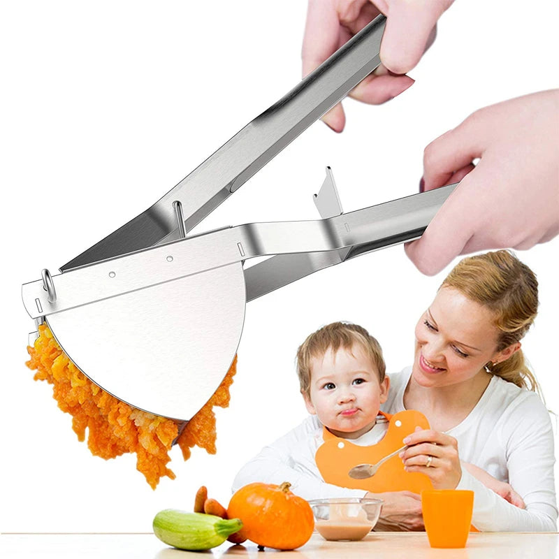 Stainless steel potato ricer with wide hopper, perforated basket, and lever handle