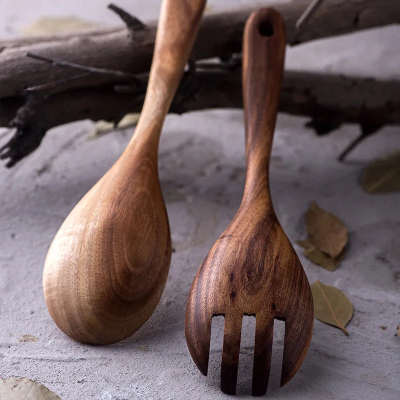 Acacia wood salad serving fork and spoon, fork with 3 tines and smooth spoon bowl