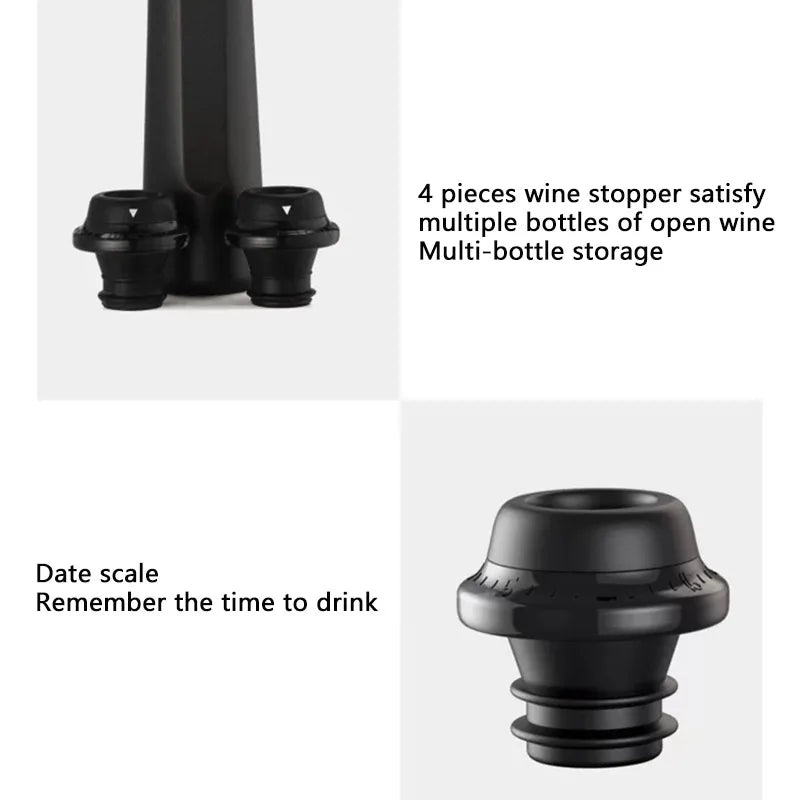 Manual wine vacuum pump with four black silicone stoppers, multi-bottle set
