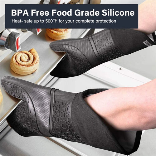 Black silicone oven mitt pair with embossed pattern and non-slip palm grip