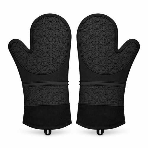 Black silicone oven mitts with raised circular grip pattern and fabric wrist cuff