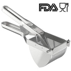 Stainless steel potato ricer with lever handle and wide perforated hopper