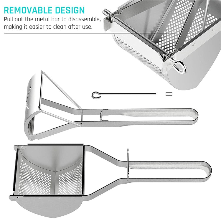 Stainless steel potato ricer with removable press bar and perforated basket