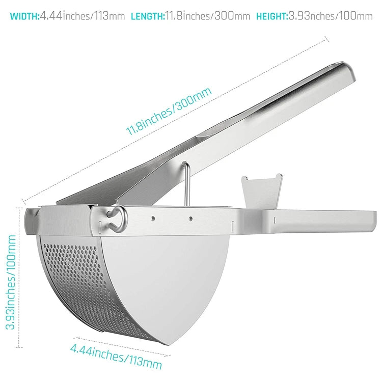 Stainless steel potato ricer with perforated basket and extended handle, side view