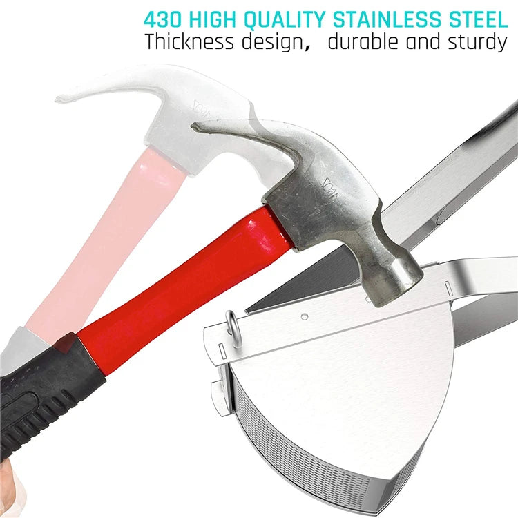Stainless steel potato ricer with press lever and wide perforated basket, close-up