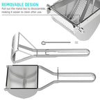 Stainless steel potato ricer with removable metal bar and perforated basket