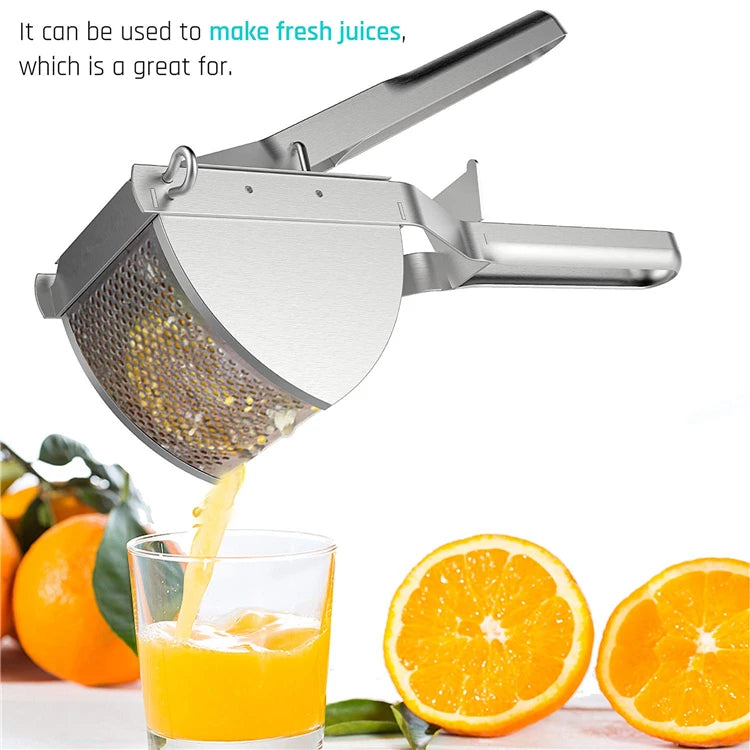 Stainless steel potato ricer with long press handle and round perforated basket