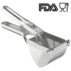 Stainless steel potato ricer with lever handle and perforated grater basket