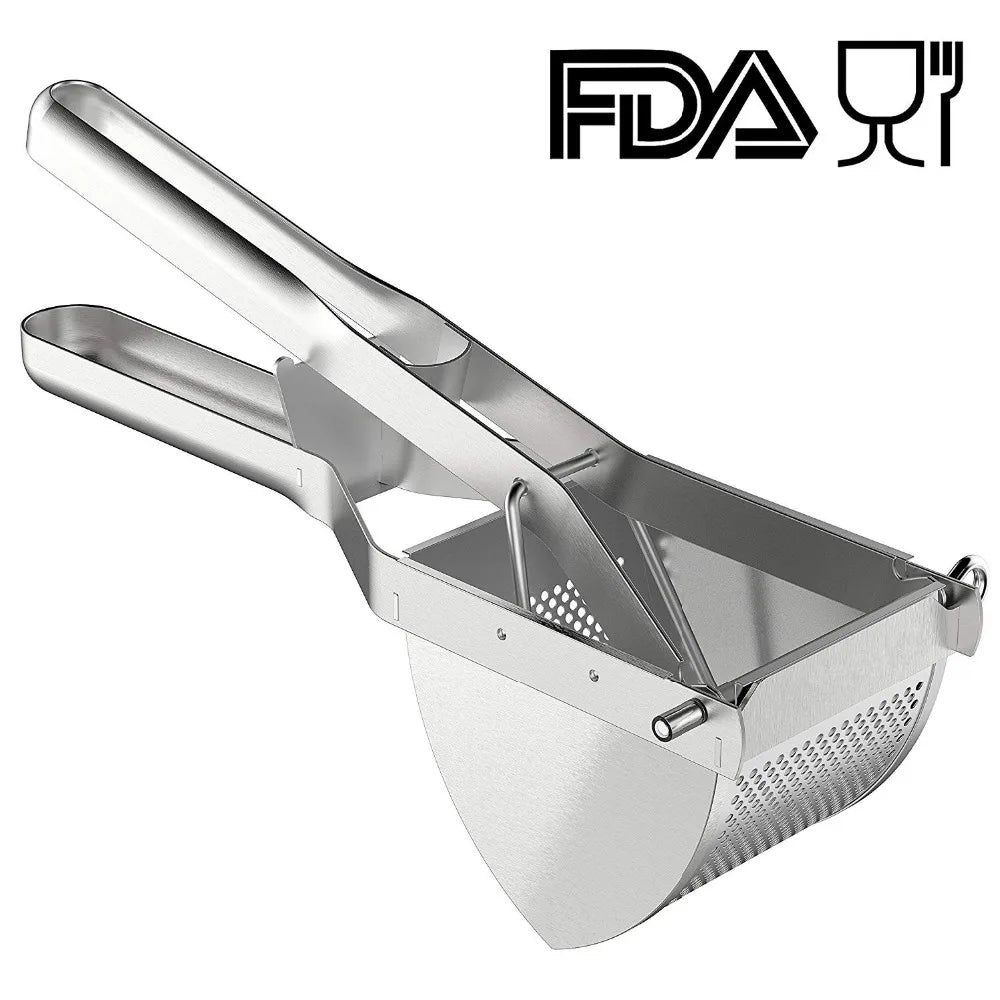 Stainless steel potato ricer with lever handle and perforated grater basket