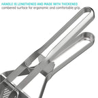 Stainless steel potato ricer with ergonomic lengthened grip handle