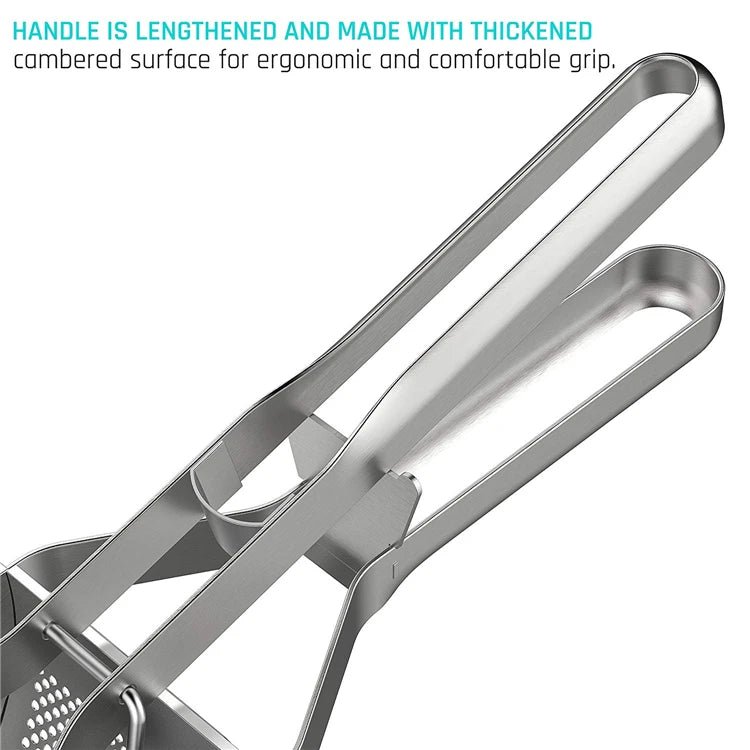 Stainless steel potato ricer with ergonomic lengthened grip handle