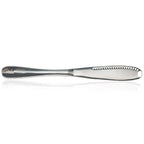 Stainless steel butter curler knife with scalloped spine detail along blade