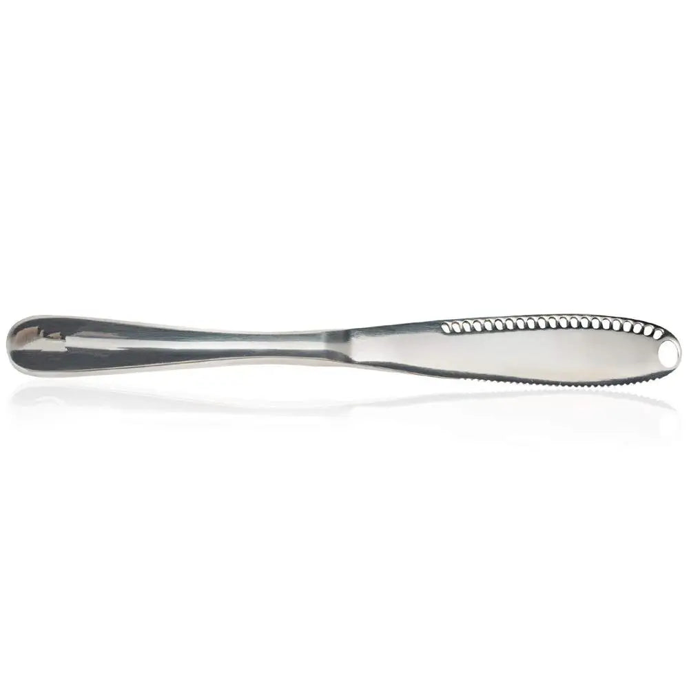 Stainless steel butter curler knife with scalloped spine detail along blade