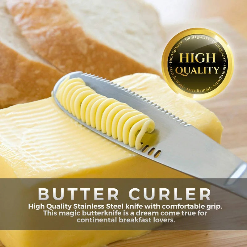 Stainless steel butter curler knife creating a spiral butter curl