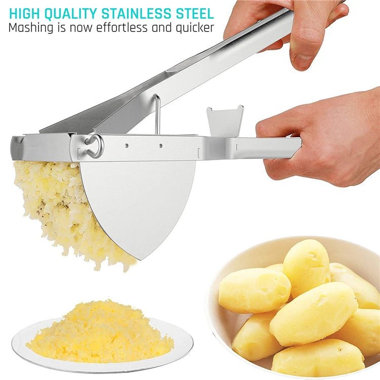 Stainless steel potato ricer with lever press handle, hopper, and mashed potato output