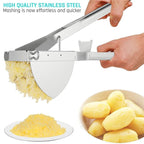Stainless steel potato ricer with lever press handle, hopper, and mashed potato output