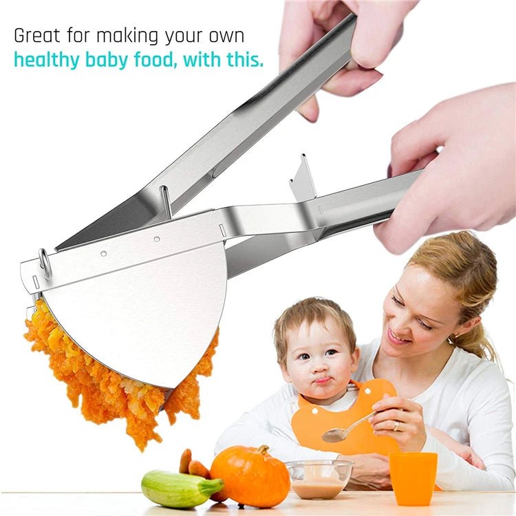 Stainless steel potato ricer with perforated basket and long handle, hands pressing