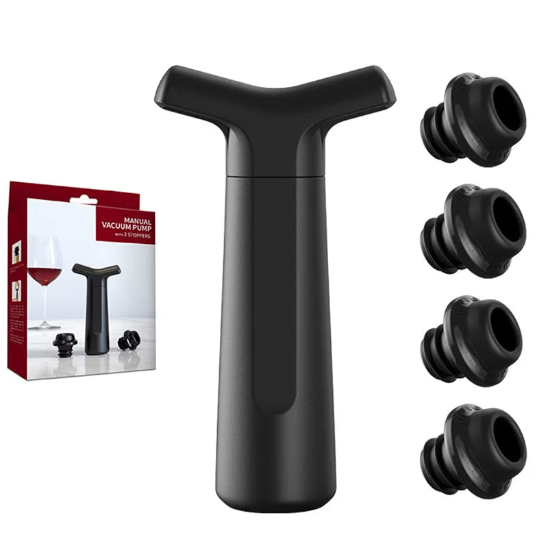 Black manual wine vacuum pump with 4 reusable silicone stoppers and boxed kit