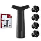 Black manual wine vacuum pump with 4 reusable silicone stoppers and boxed kit