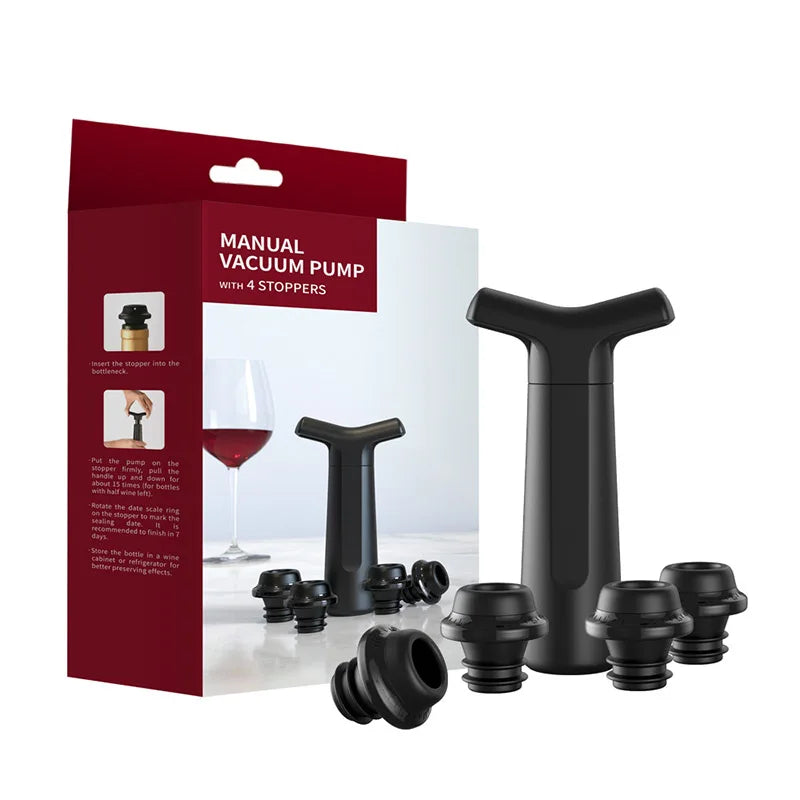 Retail box showing black manual wine vacuum pump and four silicone stoppers
