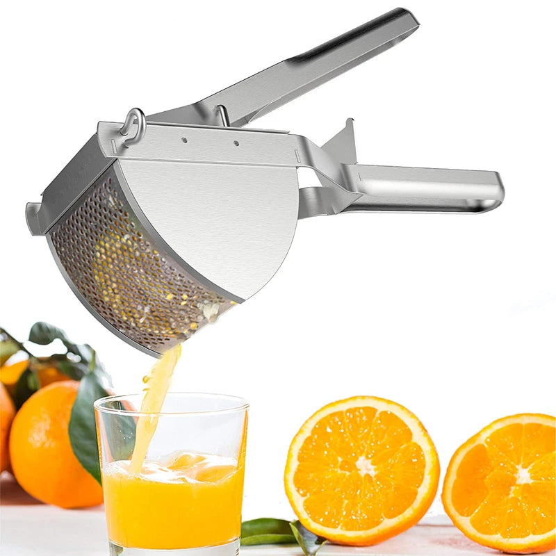 Stainless steel potato ricer with perforated basket and lever press handle