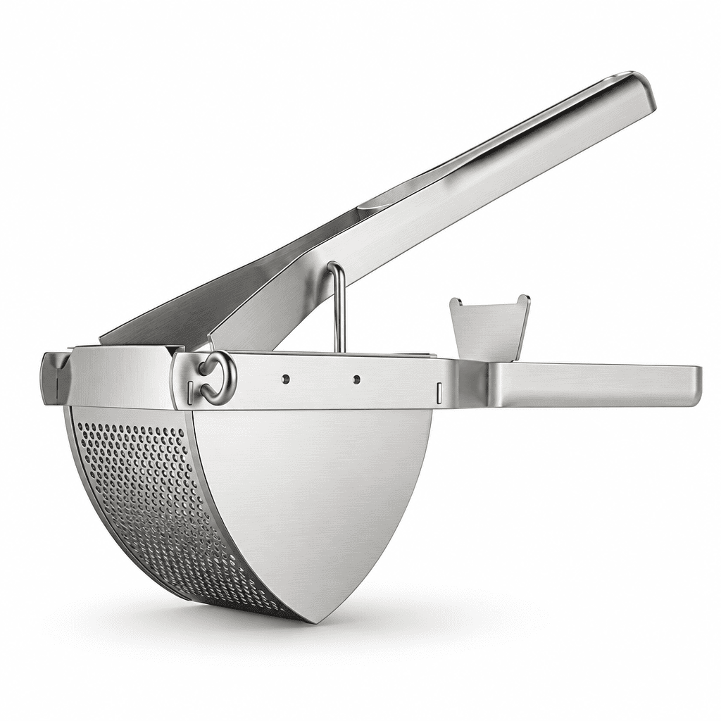 Stainless steel potato ricer with long press handle and perforated bowl